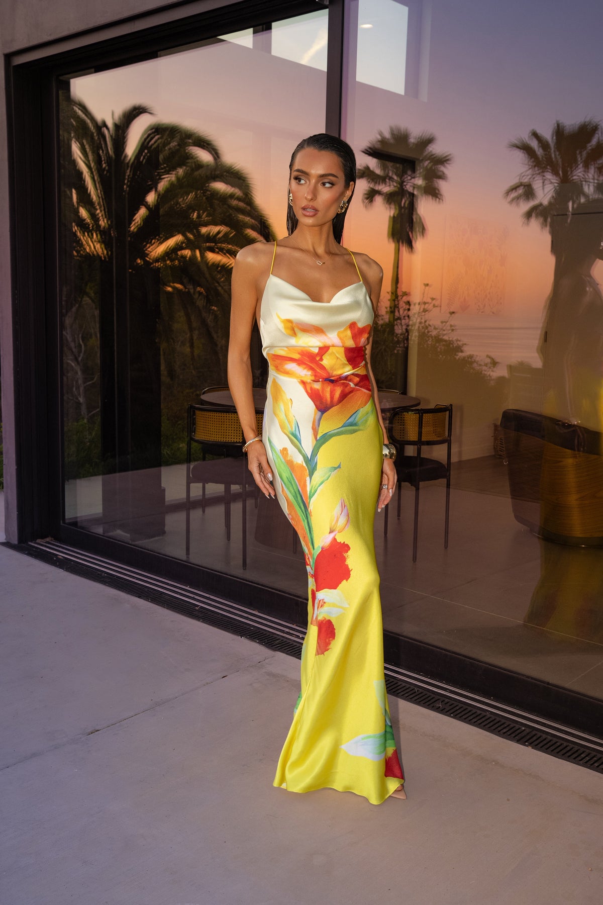 Yellow Satin Floral Print Maxi Dress