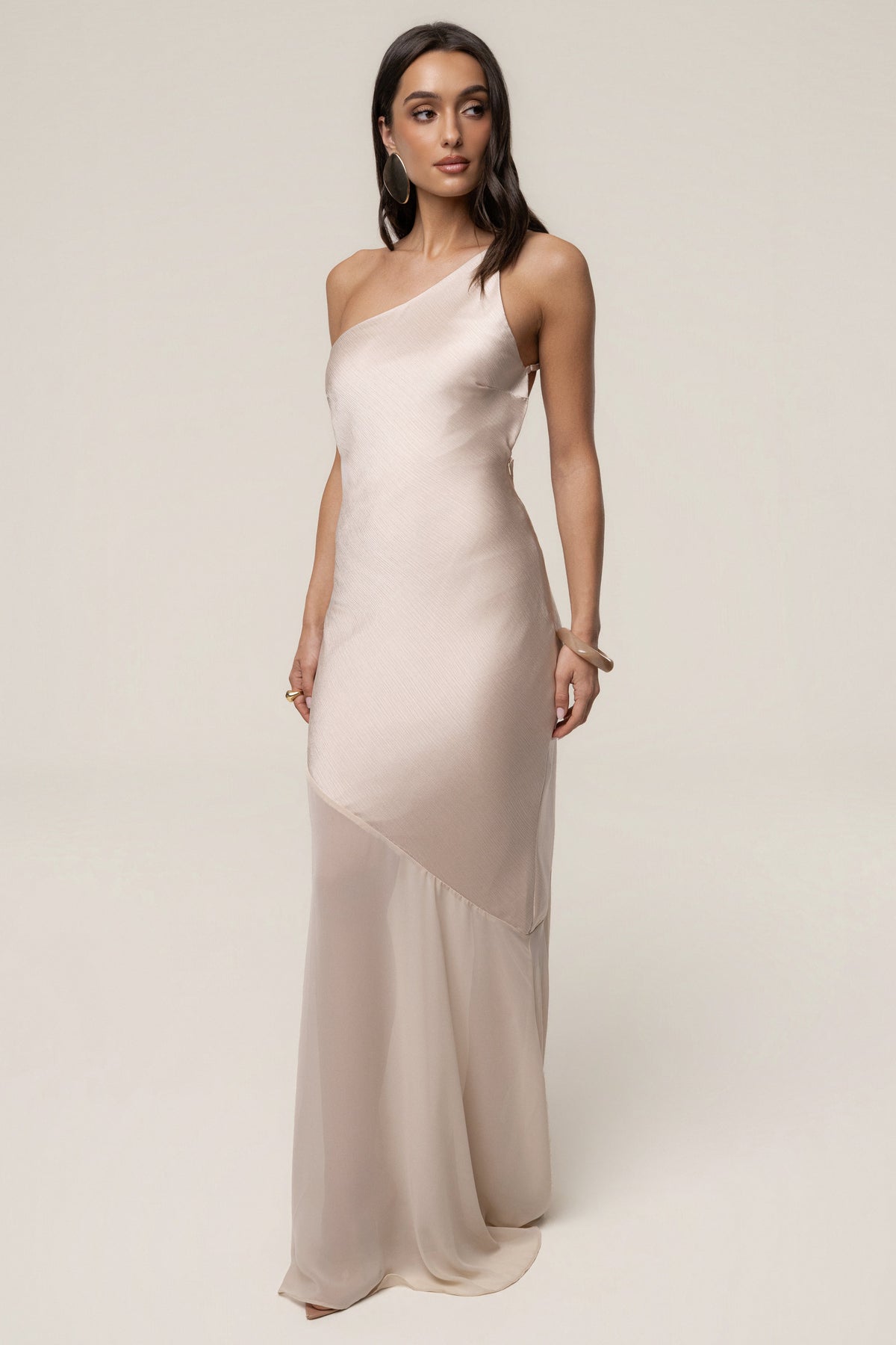 Champagne Olivia  One Shoulder Maxi Dress