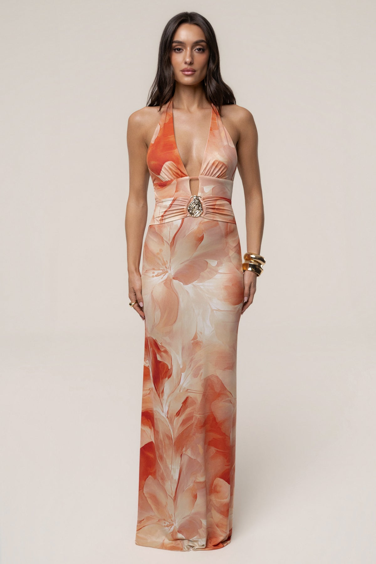 Orange Floral Blossom Print Maxi Dress
