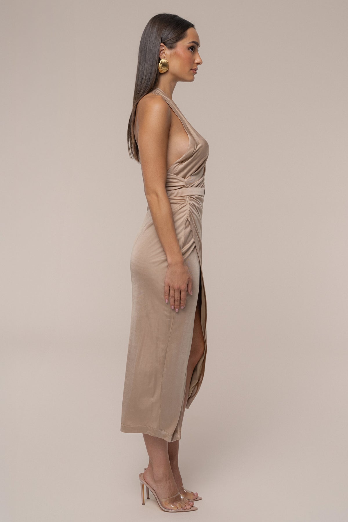 Tan Anniversary Belted Wrap Dress