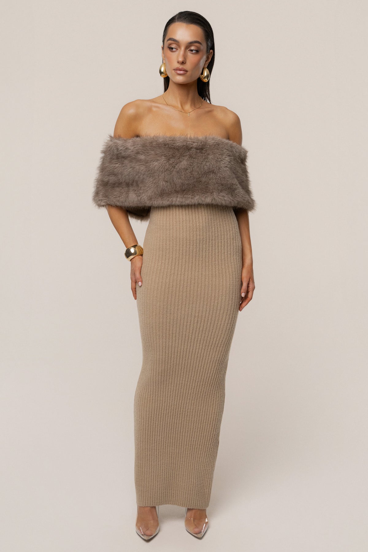 Chocolate Aspen Hour Faux Fur Dress
