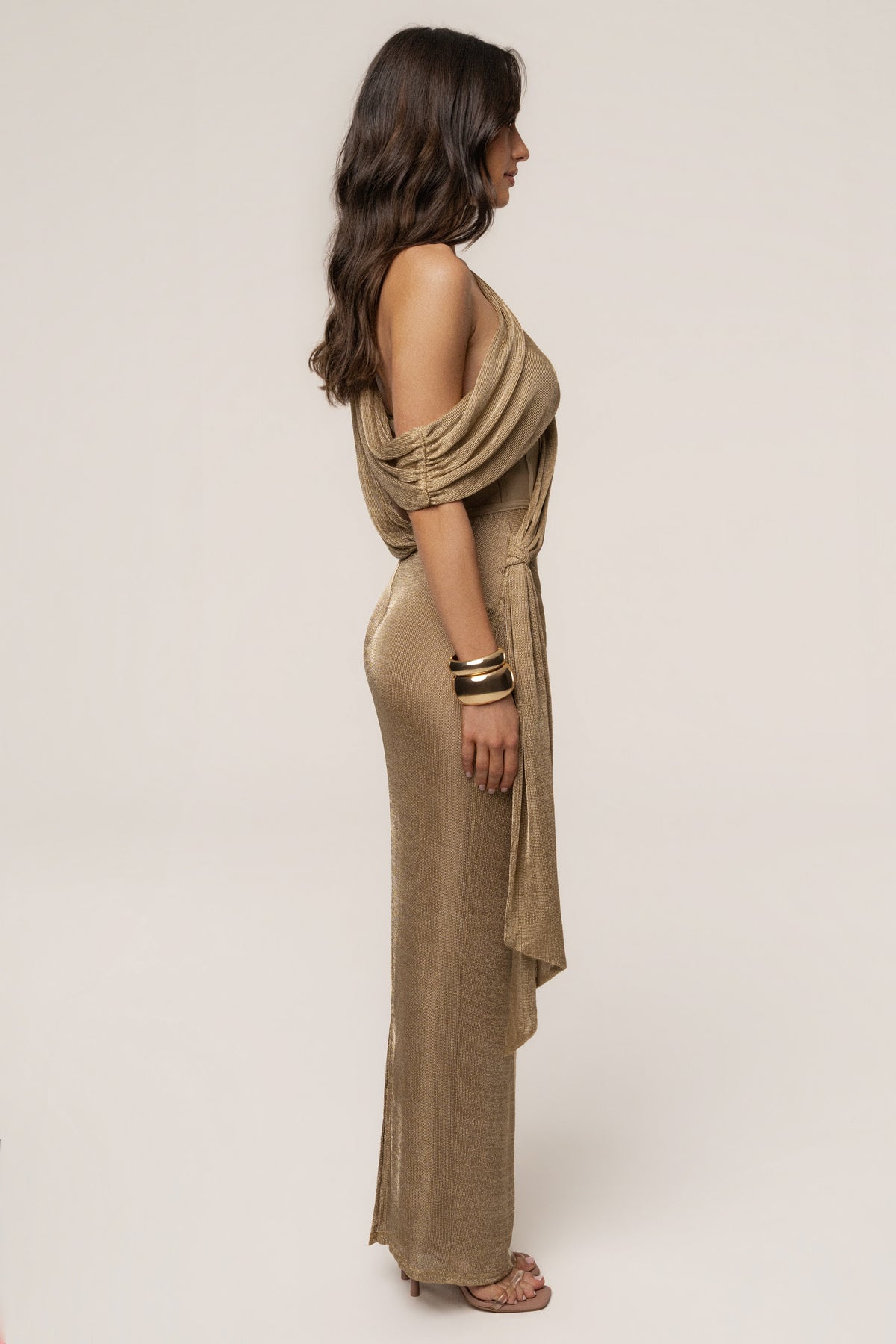 Gold Metallic Celestina Draped Maxi Dress