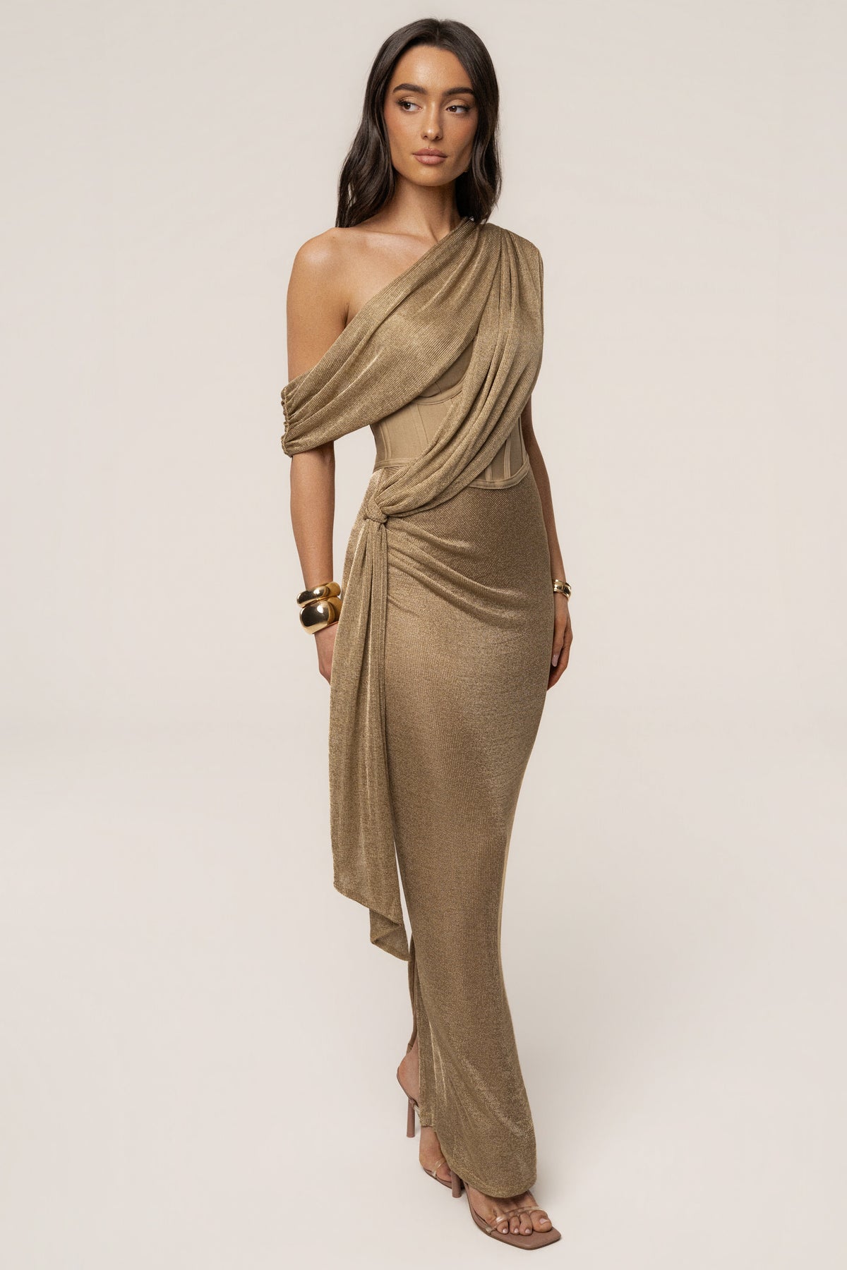 Gold Metallic Celestina Draped Maxi Dress