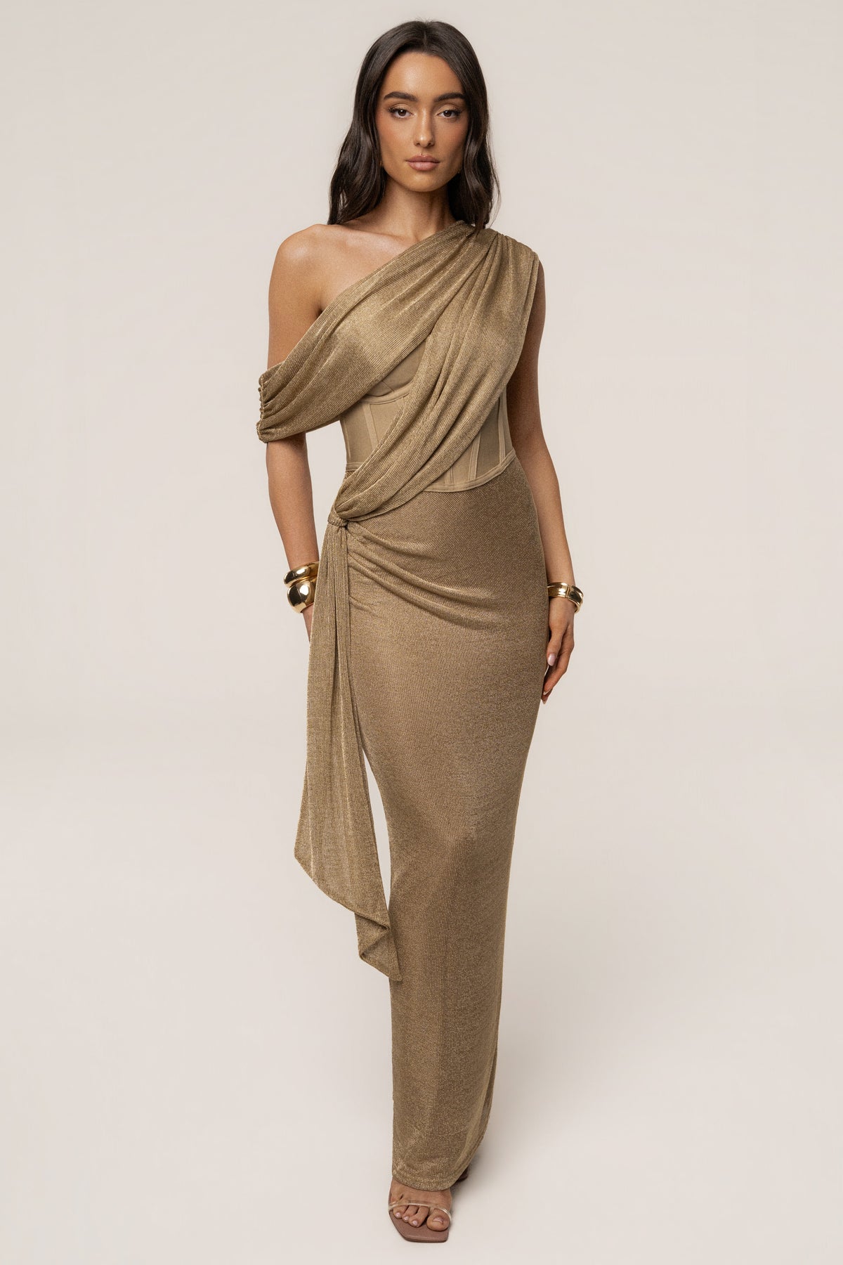 Gold Metallic Celestina Draped Maxi Dress