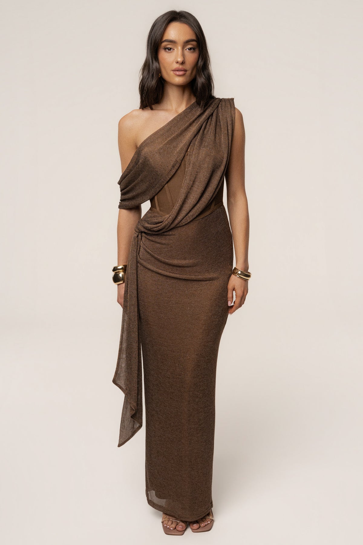 Bronze Metallic Celestina Draped Maxi Dress