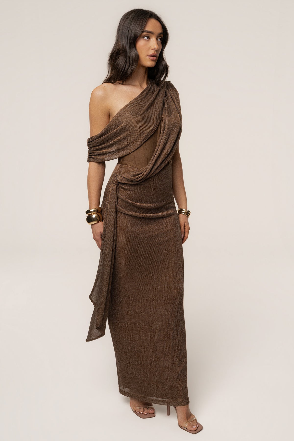 Bronze Metallic Celestina Draped Maxi Dress