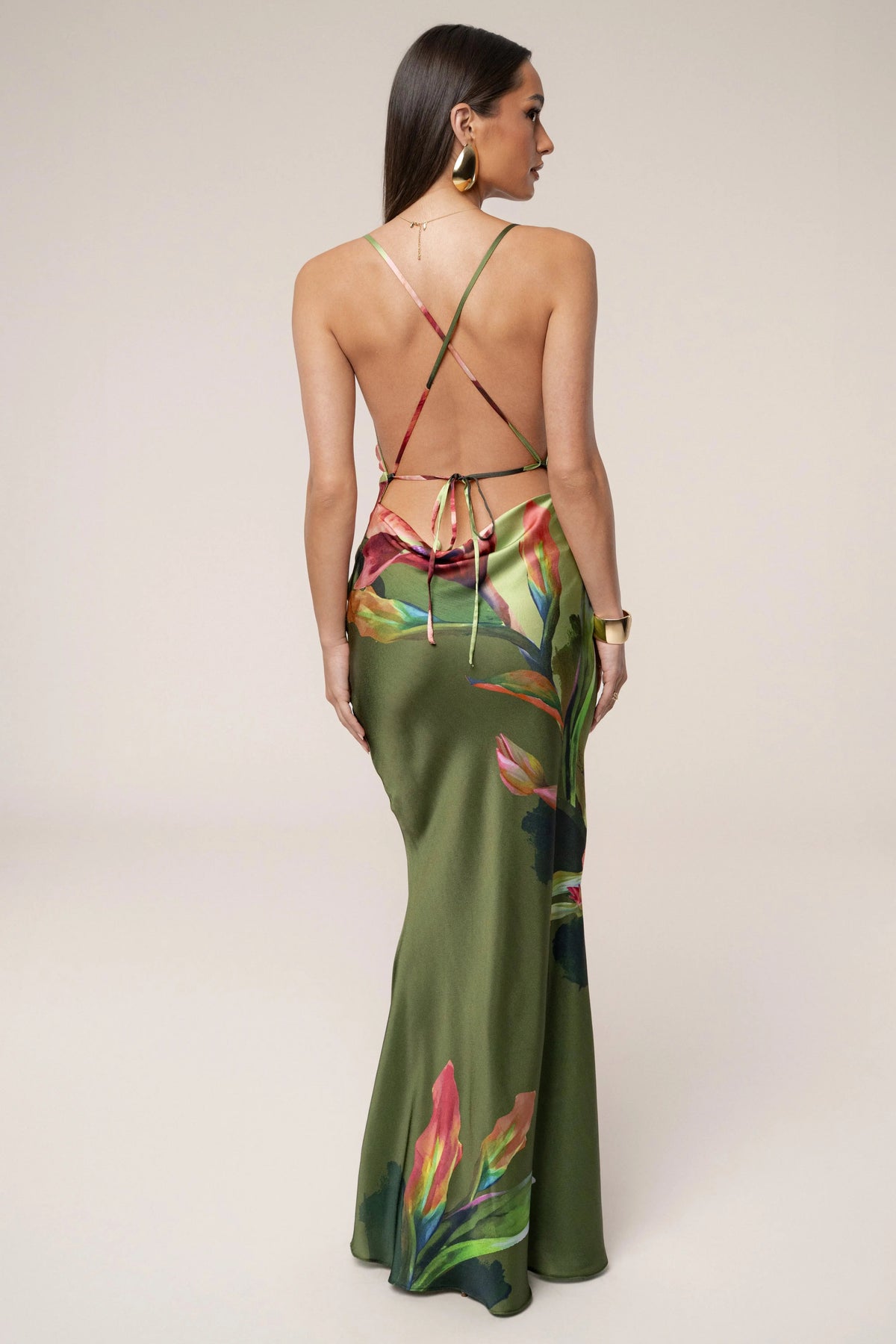 Green Satin Floral Print Maxi Dress
