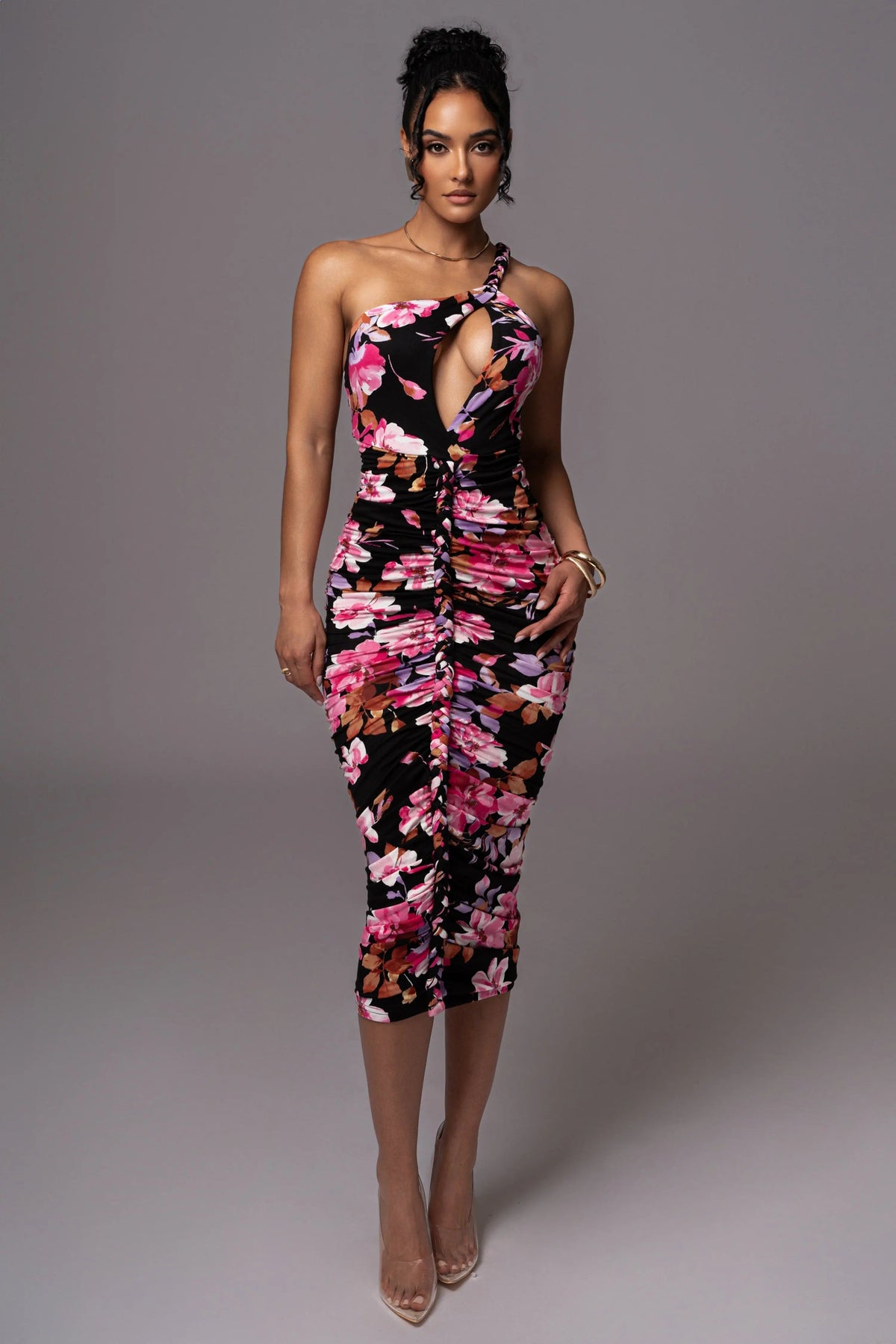 Black Floral Jess Ruched Midi Dress