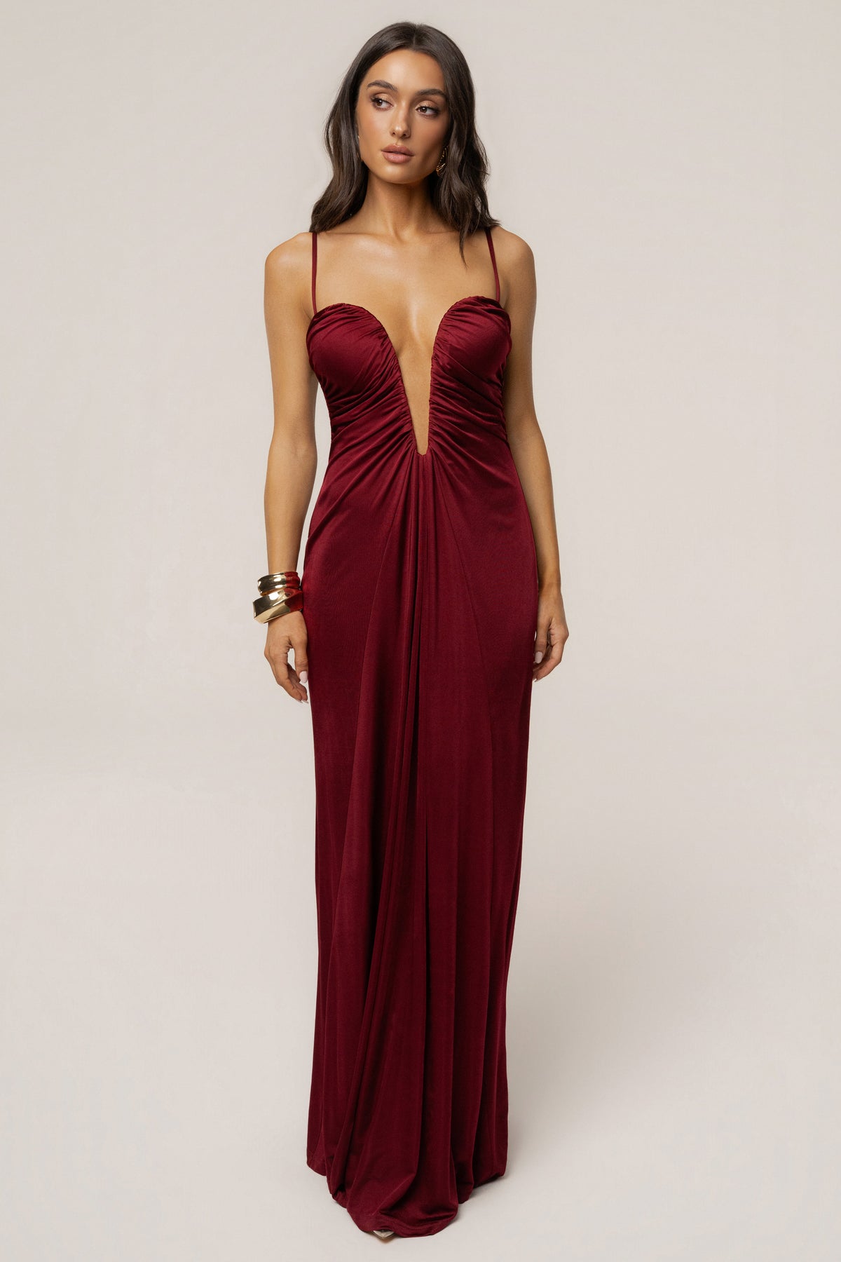Burgundy Auric Deep Plunge Maxi Dress