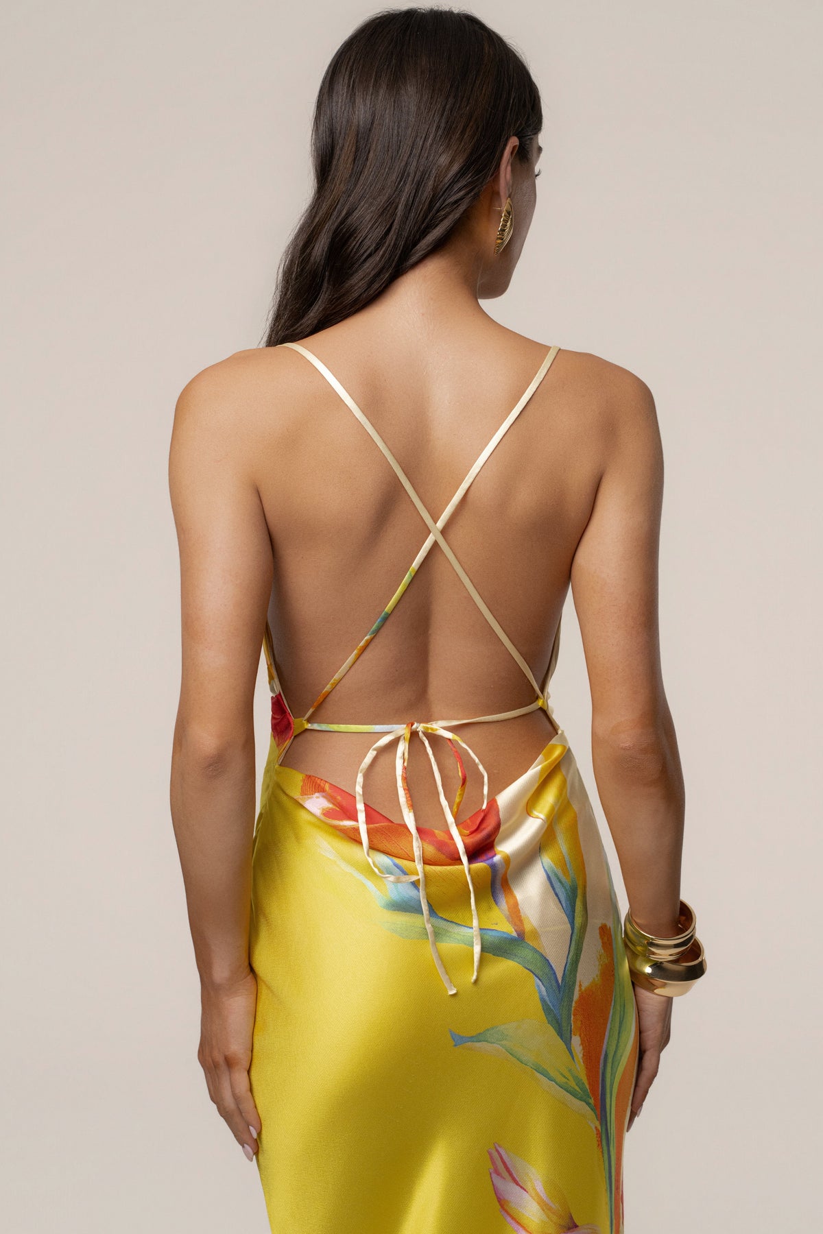 Yellow Satin Floral Print Maxi Dress