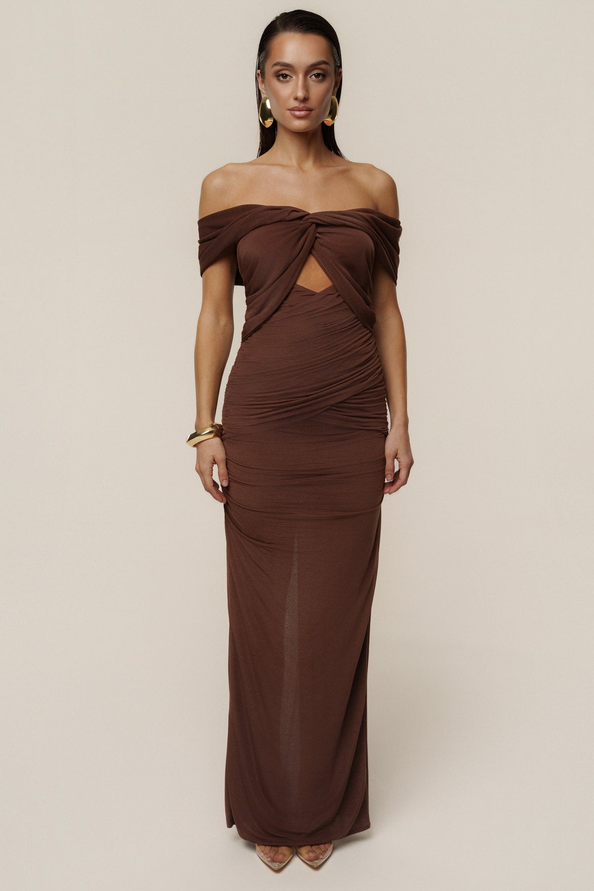 Chocolate Alessandra Off Shoulder Maxi Dress
