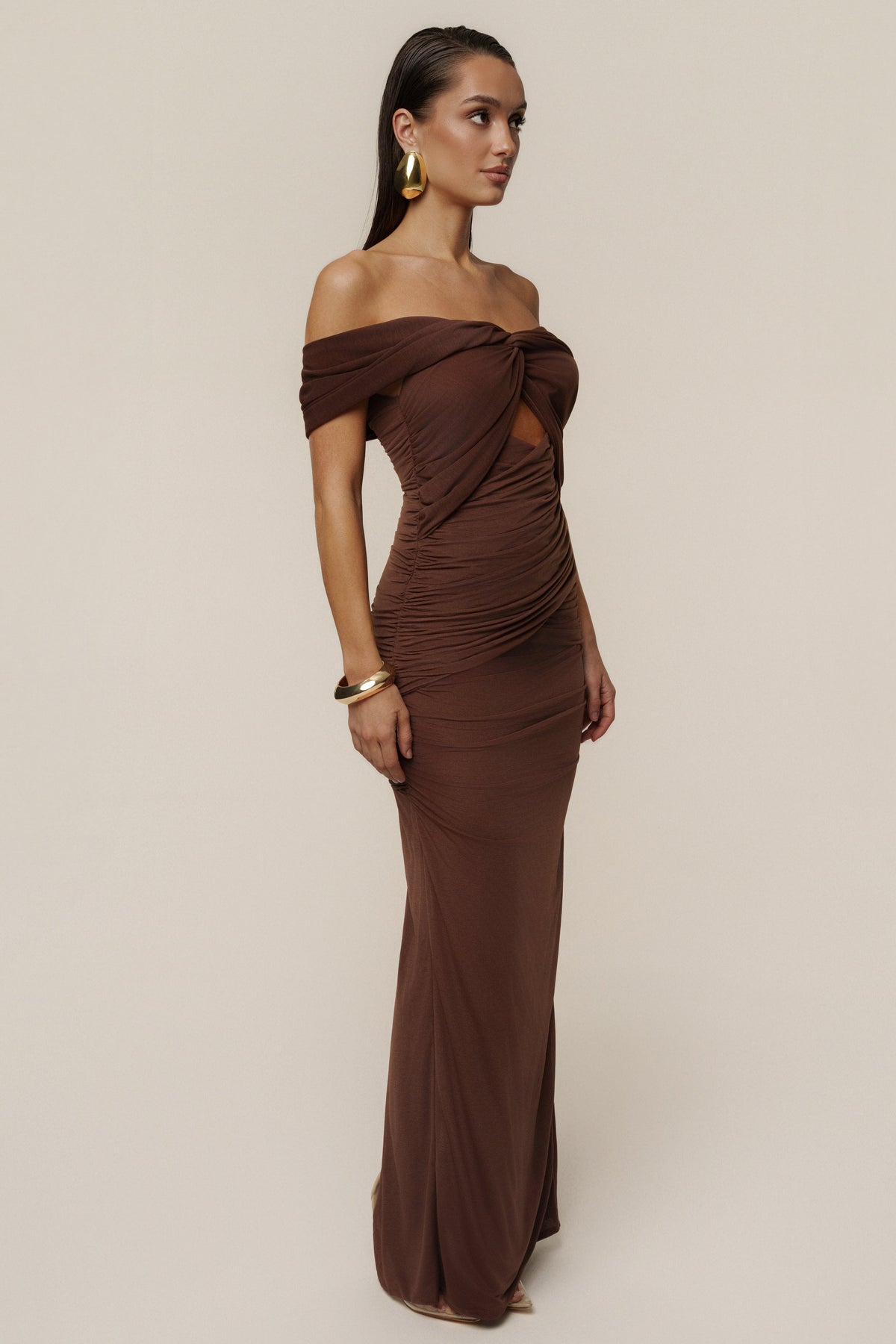 Chocolate Alessandra Off Shoulder Maxi Dress