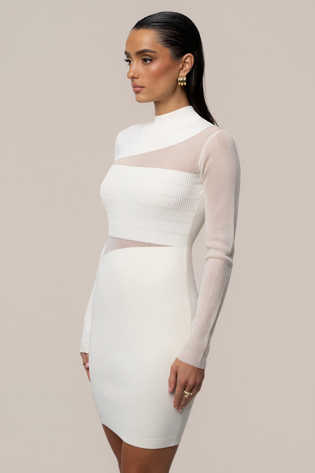 Ivory Sheer Knit Mock Neck Dress