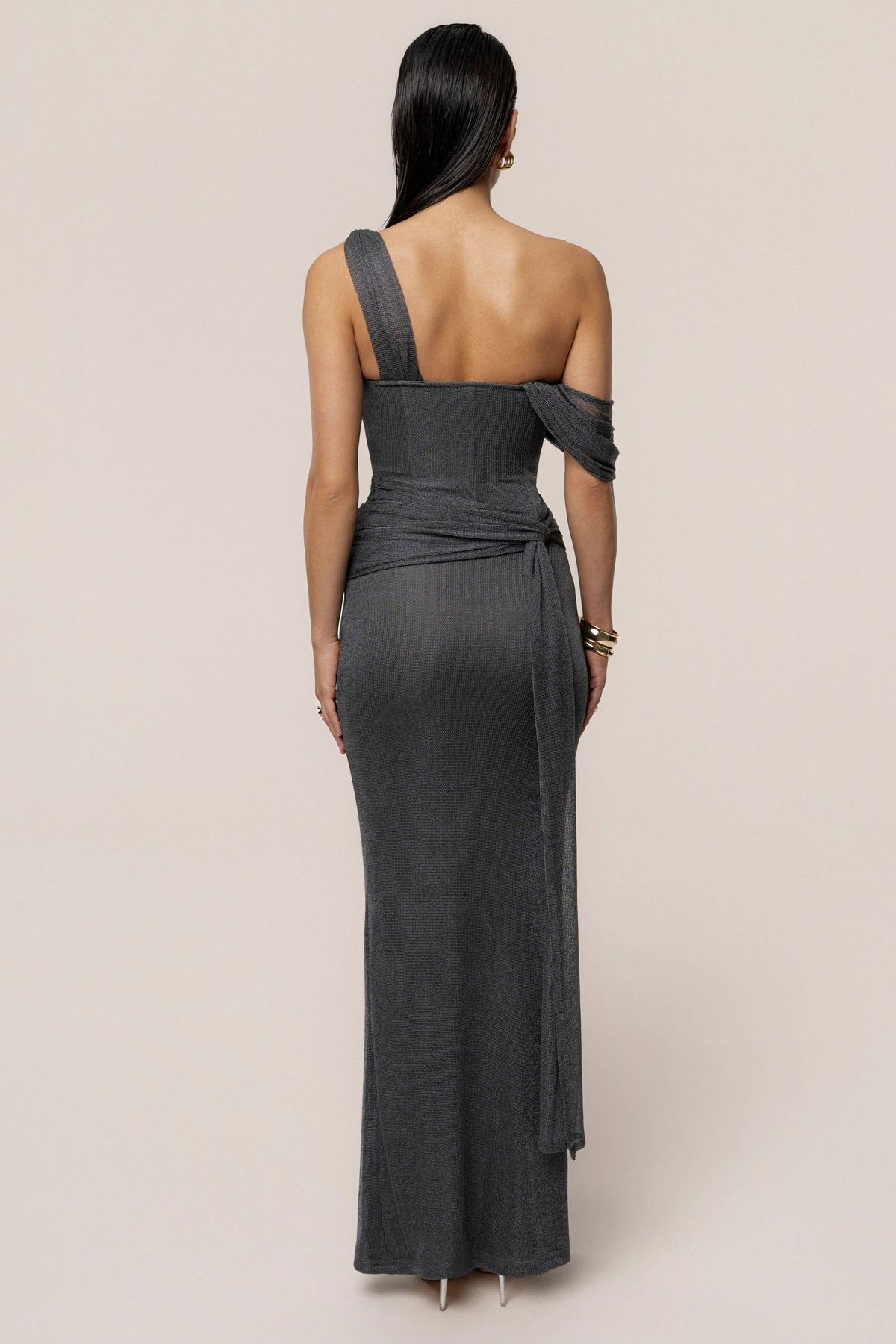 Gun Metal Draped Metallic Maxi Dress