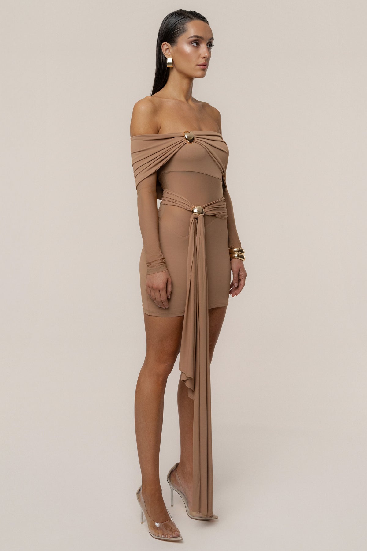 Beige Glow State Drape Dress