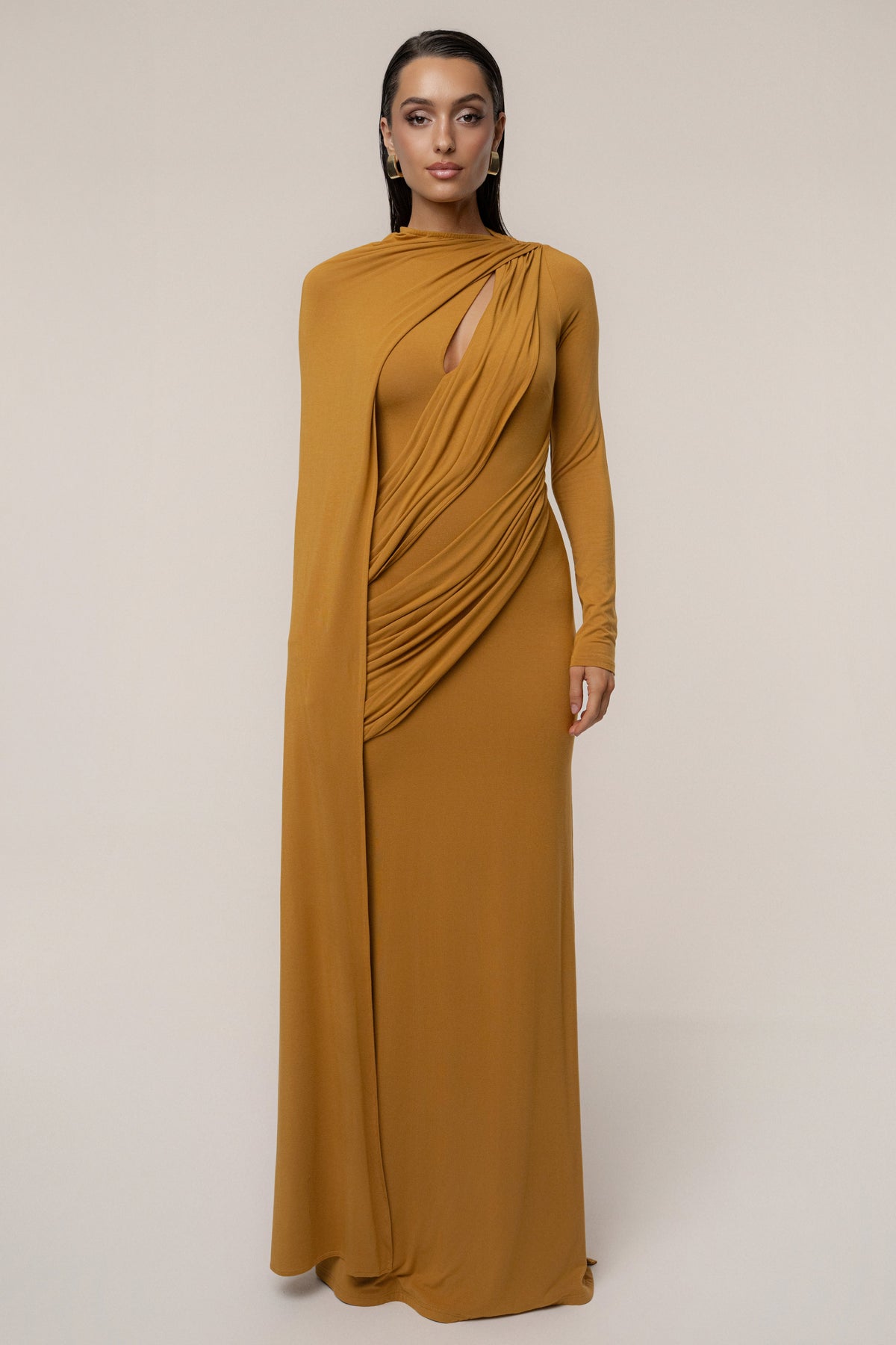 Gold Draped Elegance Cape Dress