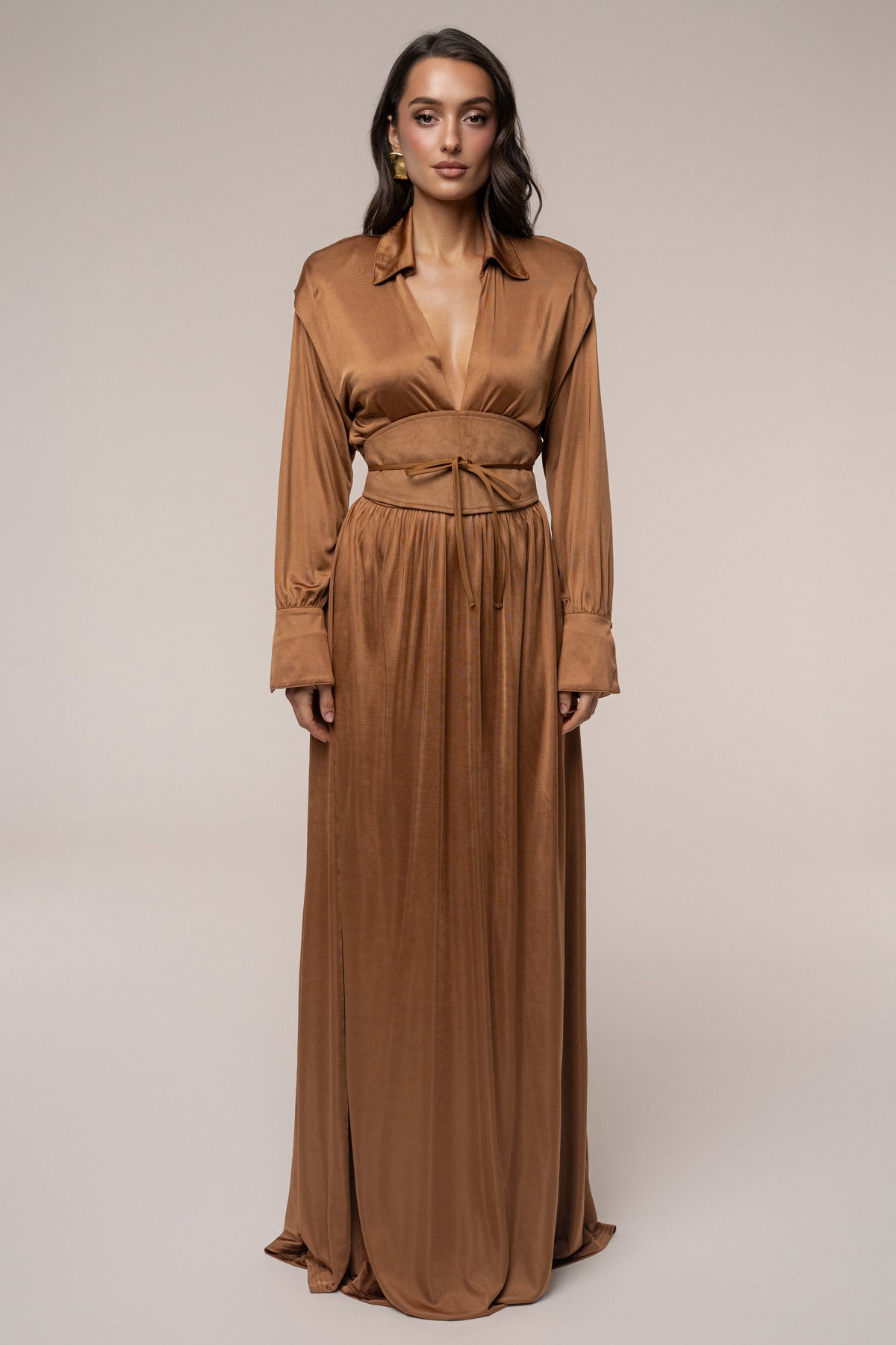 Tan High Line Collar Maxi Dress
