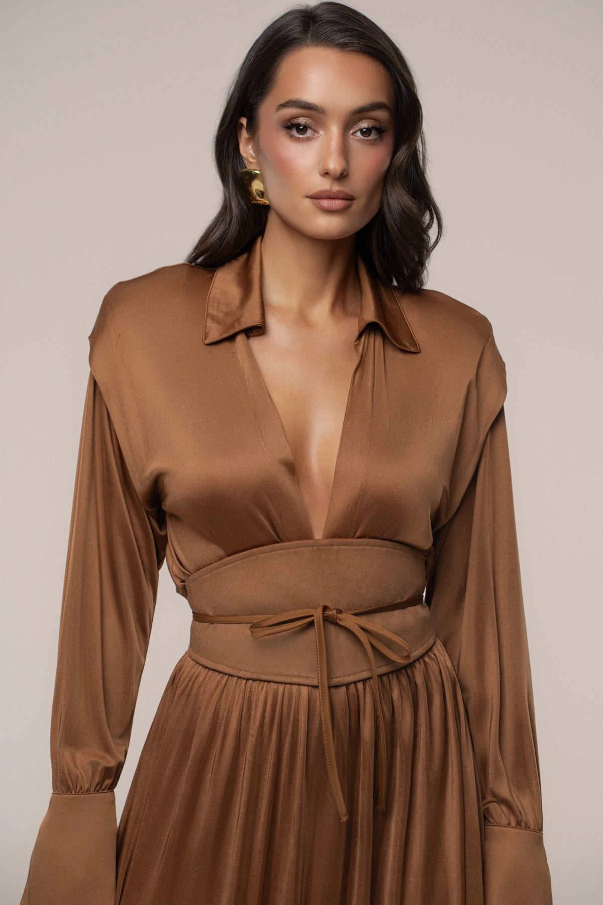 Tan High Line Collar Maxi Dress