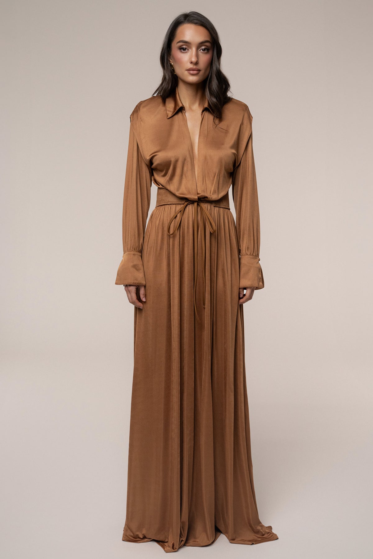 Tan High Line Collar Maxi Dress
