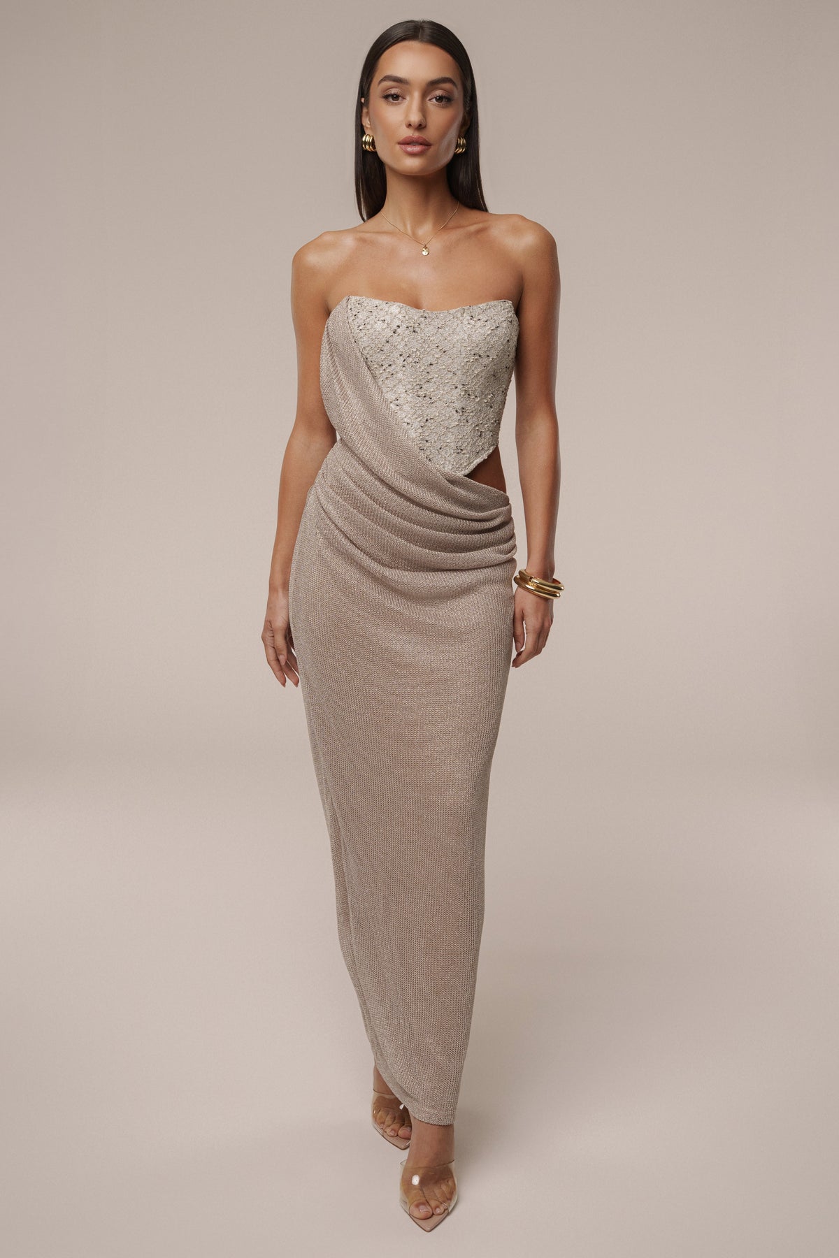 Beige Stellar Sequin Maxi Dress